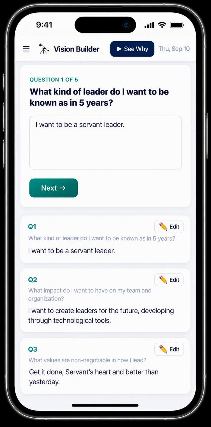 The Vision Builder module in the Accountability App, walking a leader through a 5-question guided vision exercise